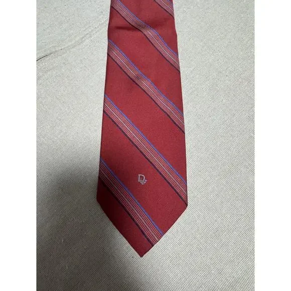 Vintage Christian Dior Tie Mens One Size Red Stripe Monsieur Logo Made USA 90s - Picture 2 of 9